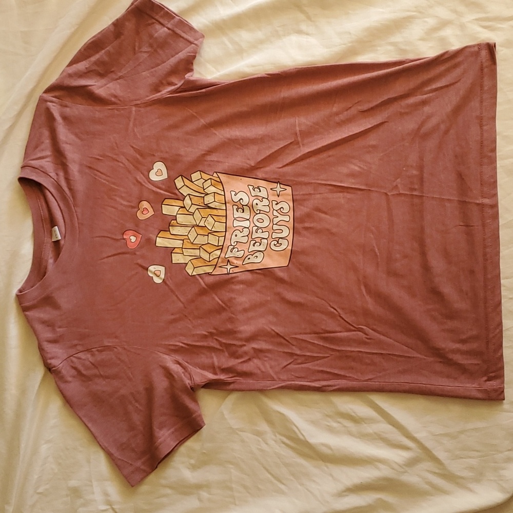 Dark pink colored t-shirt with Fries Before Guys design
